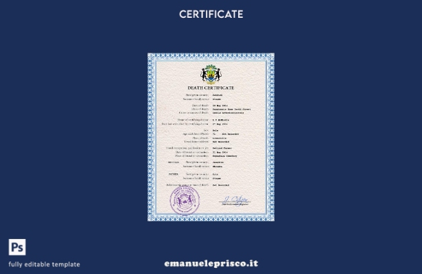 modello PSD del certificato di morte del documento di stato civile del Gabon in 
